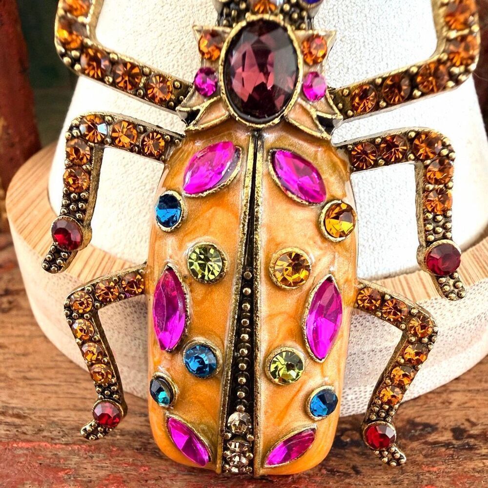 JeweledâBeetle Brooch Multicolor Rhinestone Statement - Picture 3 of 7